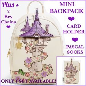 LOUNGEFLY DISNEY PRINCESS TANGLED Tower Rapunzel & Pascal MINI BACKPACK 6 PC SET